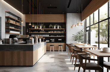Empty cafe or bar interior, daytime, illustration, post processed AI generated image.