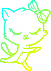 cold gradient line drawing of a cute cartoon cat with bow