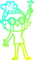 cold gradient line drawing of a cartoon crying woman wearing spectacles