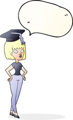 freehand drawn speech bubble cartoon woman with graduation cap