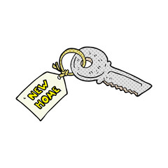 freehand drawn cartoon house key with new home tag