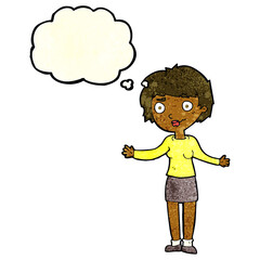 cartoon confused woman with thought bubble