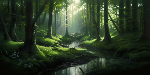 Fototapeta premium Enchanted Green Mystic Forest, Generative AI