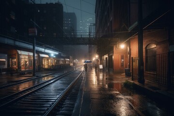 Fototapeta na wymiar Rainy urban scenery illuminated by city lights. Generative AI