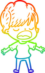 rainbow gradient line drawing of a cartoon woman talking