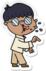 sticker of a cartoon boy wearing spectacles and making point