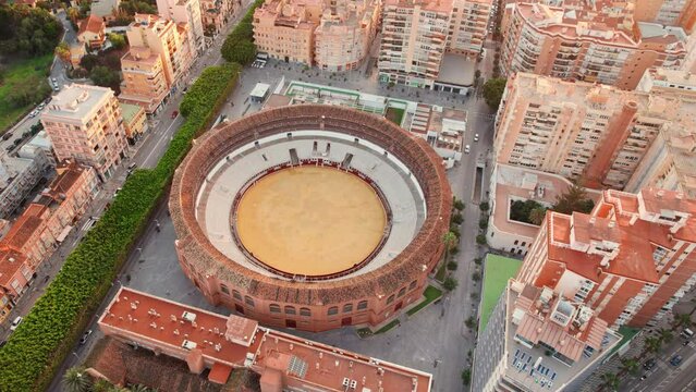  Aerial view of bull arena, called Plaza de toros de La Malagueta, Malaga, Spain