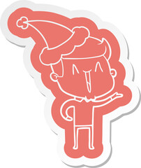 quirky cartoon  sticker of a excited man wearing santa hat