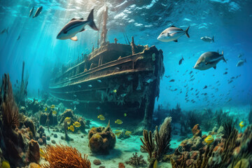 Fototapeta premium Discovering marine life, old ship found among coral and fish-generative AI