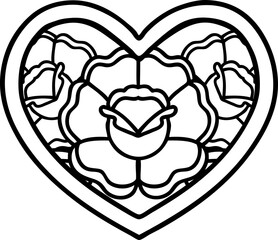 tattoo in black line style of a heart and flowers