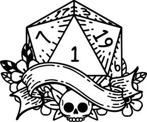 Black and White Tattoo linework Style natural one d20 dice roll