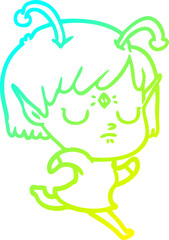 cold gradient line drawing of a cartoon alien girl