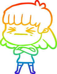 rainbow gradient line drawing of a cartoon stressed out woman