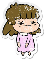 distressed sticker of a cartoon angry girl