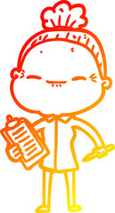 warm gradient line drawing of a cartoon peaceful old woman