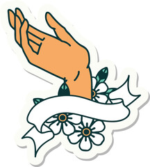 tattoo style sticker with banner of a hand