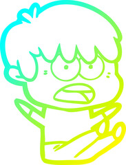 cold gradient line drawing of a worried cartoon boy