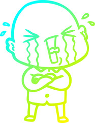 cold gradient line drawing of a cartoon crying bald man