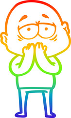 rainbow gradient line drawing of a cartoon tired bald man