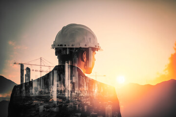Fototapeta na wymiar Civil engineer portrait as concept for building construct by professional with hardhat helmet engineer with double exposure of cityscape, urban with background of skyscraper. Flawless generative AI