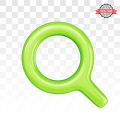 Green loupe or magnifying glass icon. Glossy magnifier icon isolated on transparent background. Realistic 3D vector graphics in plastic cartoon style