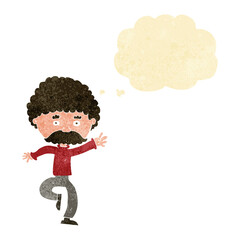 cartoon mustache man disco dancing with thought bubble
