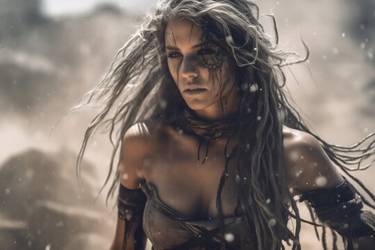 a evil mood female mage standing on a smoky battlefield. generative AI