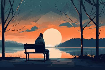 Rear view of lonely sad man sitting on bench in an autumn park on lake at sunset. Depression, melancholy, sadness, longing, loneliness illustration concept. Generative AI