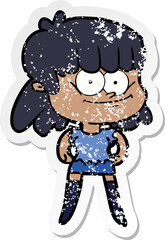 distressed sticker of a cartoon smiling woman