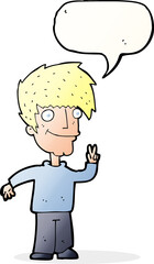 cartoon man giving peace sign with speech bubble