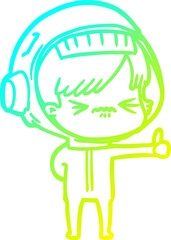 cold gradient line drawing of a annoyed cartoon space girl giving thumbs up sign