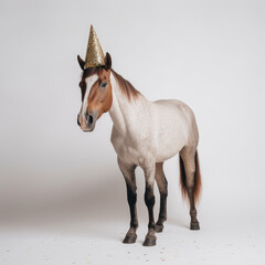 A Horse Wearing A Birthday Party Hat On A White Background