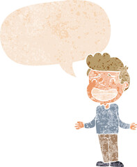 cartoon boy shrugging with speech bubble in grunge distressed retro textured style