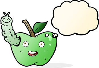 cartoon apple with bug with thought bubble