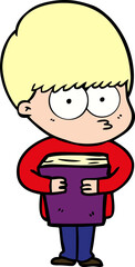 nervous cartoon boy holding book