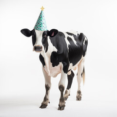 Dairy Cow Wearing A Birthday Party Hat On White Background