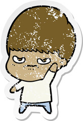 distressed sticker of a annoyed cartoon boy