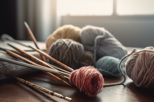 Watercolor artwork of knitting needles and yarn. Generative AI