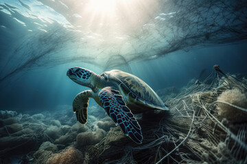 Obraz premium Majestic sea turtle swims through a sea of plastic pollution, highlighting impact of human activity on the natural world. The image is a call to action for environmental sustainability. AI Generative.