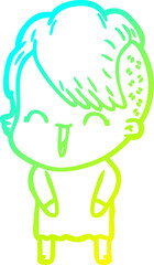 cold gradient line drawing of a cartoon happy hipster girl