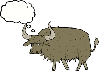 cartoon annoyed hairy cow with thought bubble