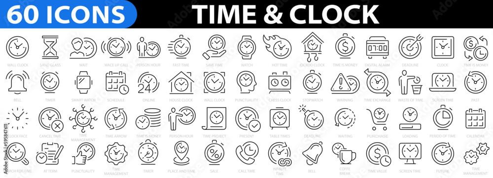 Poster time icon. clock icon. 60 icon set time & clock. simple set of time related vector line icons. time 