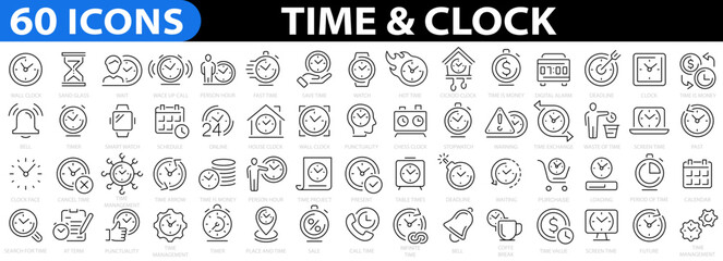Time icon. Clock icon. 60 icon set Time & Clock. Simple Set of Time Related Vector Line Icons. Time clocks thin line icons. Time Inspection, Log, Calendar and more. Vector illustration