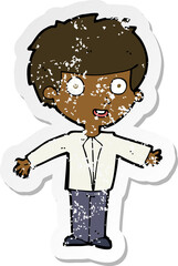 retro distressed sticker of a cartoon happy boy