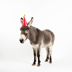 A donkey or ass wearing a party hat isolated on a white background suggesting playful memes such as Party Animal. - obrazy, fototapety, plakaty