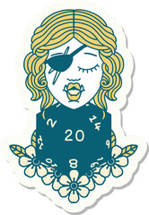 sticker of a half orc rogue with natural twenty dice roll