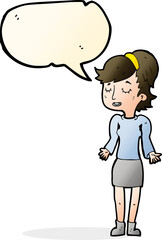 cartoon woman shrugging shoulders with speech bubble