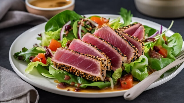 seared ahi tuna tataki salad on a plate