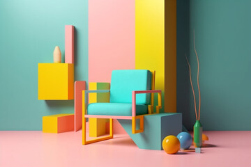 room home render memphis sofa art interior armchair colourful design geometric. Generative AI.