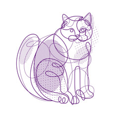 Nice cute cat linear vector illustration, line art drawing of pussycat relaxing, artistic outline minimal sketch of fat and lazy cat.